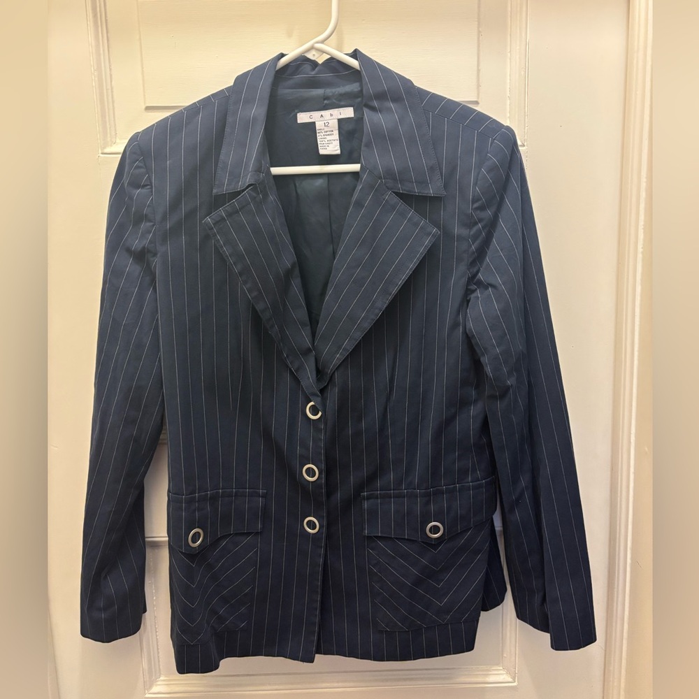 CAbi Womens 10 Cotton Stretchy Navy Blue Pinstriped Blazer #220 Snap Button 12